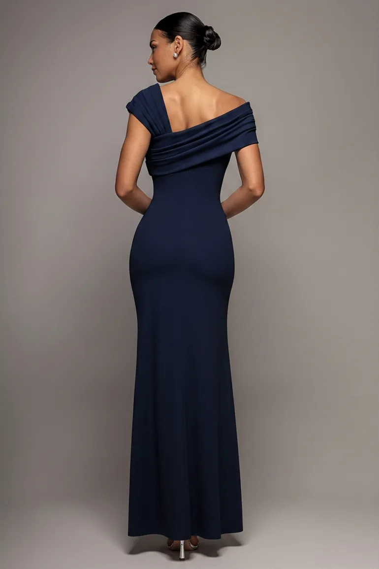 Goddiva One Shoulder Evening Maxi - Navy - 1