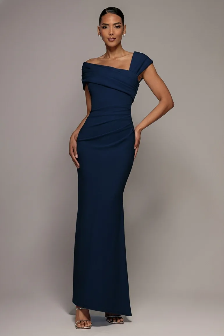 Goddiva One Shoulder Evening Maxi - Navy