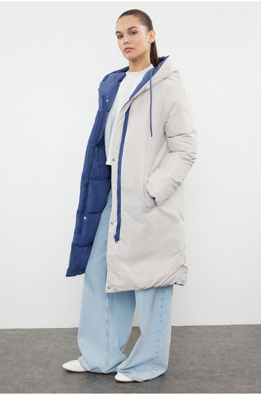 Grey-Blue Reversible Hooded Water Repellent Long Puffer Jacket