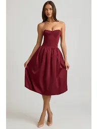 Convertible Bow-Detail Bubble Hem Midaxi Dress in Wine Red - 8