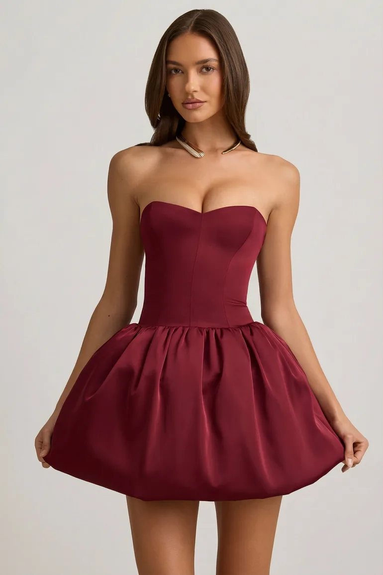 Convertible Bow-Detail Bubble Hem Midaxi Dress in Wine Red - 1