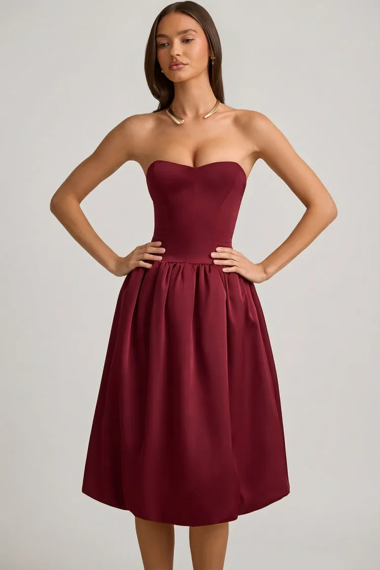 Convertible Bow-Detail Bubble Hem Midaxi Dress in Wine Red - 9