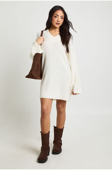 Super Soft V Neck Knitted Mini Dress - cream
