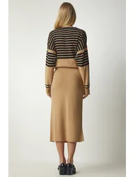 Women's Biscuit Striped Sweater Skirt Knitwear Suit - 9