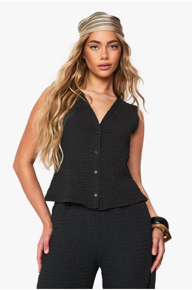 Textured Button Through Sleeveless Top