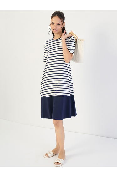 Navy Blue Striped Knit Knee Length Dress