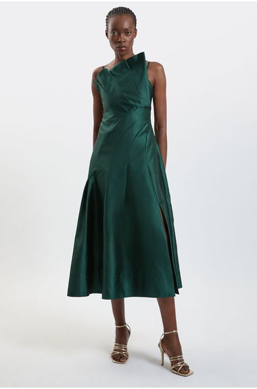 Structured Satin Asymmetric Full Maxi Dress