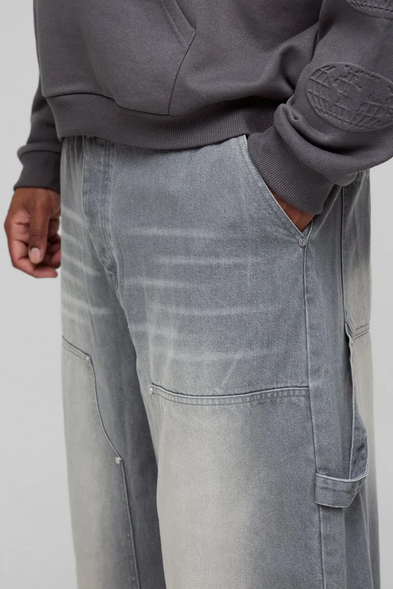 بنطلون جينز بتصميم واسع لون رمادي - للمقاسات الكبيرة - 2