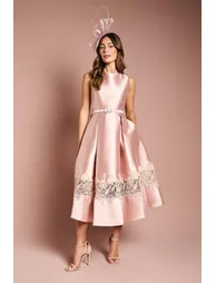 Sleeveless Twill Midi Dress With Lace Trim And Belt
