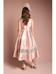 Sleeveless Twill Midi Dress With Lace Trim And Belt - 3