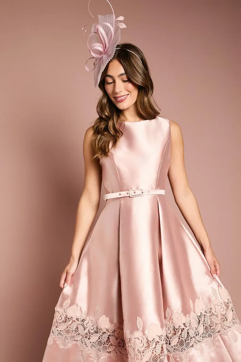 Sleeveless Twill Midi Dress With Lace Trim And Belt - 1
