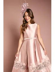 Sleeveless Twill Midi Dress With Lace Trim And Belt - 1