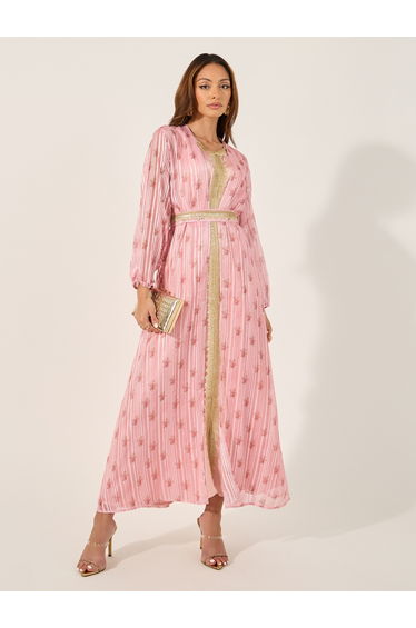 Floral Print Lace Trim Belted Kaftan with Inner Satin Dress