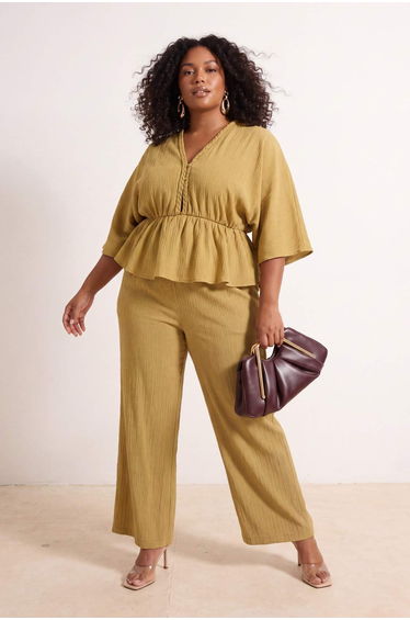 Oil Green Elastic Waist Textured Fabric Woven Trousers