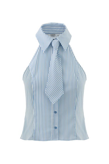 Shirt Collar Tie Shoulder Open Striped Navy Blouse