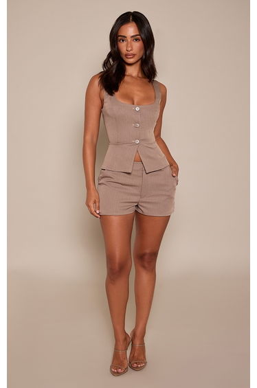 Petite Taupe Pinstripe Tailored Mini Shorts