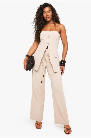 Linen Beaded Tie Detail Wide Leg Trouser - stone