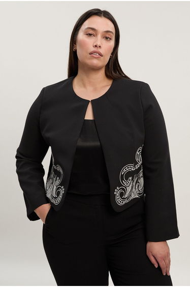 Plus Size Tailored Cutwork Detail Collarless Jacket