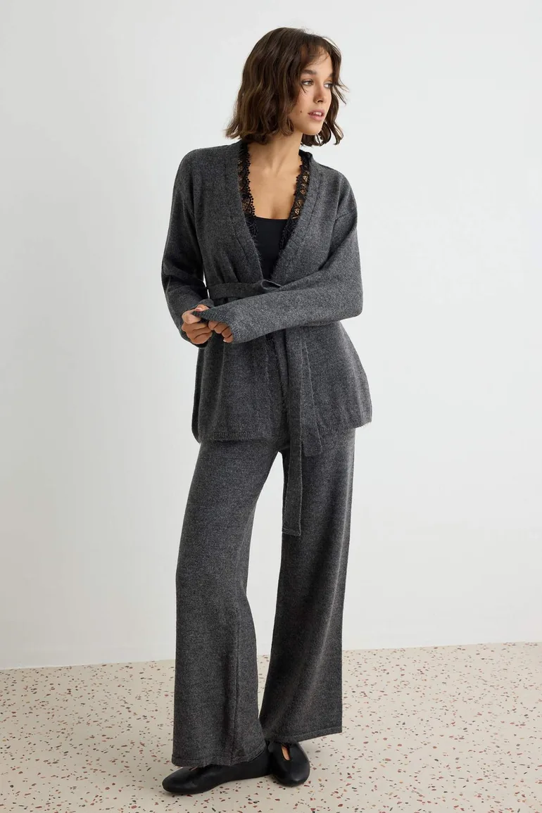 Anthracite Lace Detailed Soft Textured Knitwear Bottom - Top Set - 1