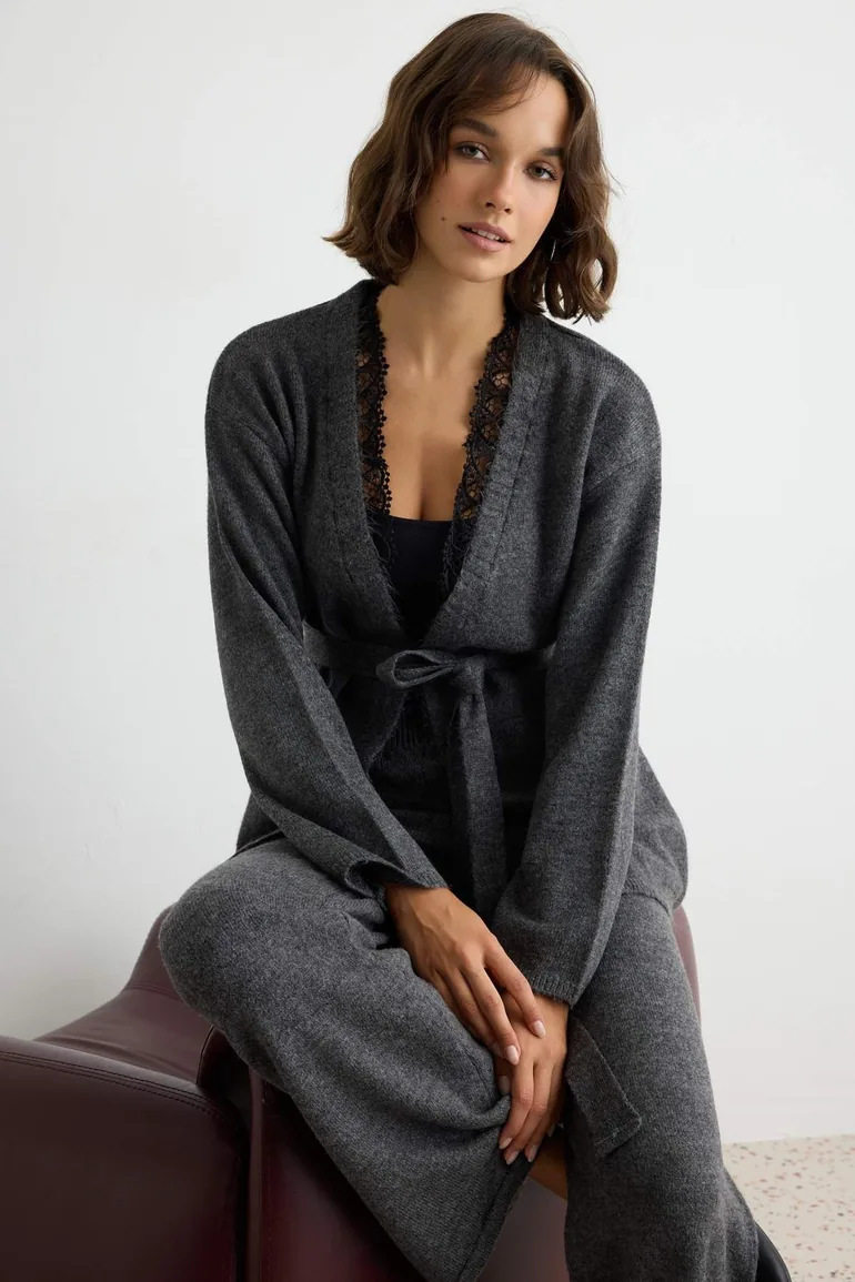 Anthracite Lace Detailed Soft Textured Knitwear Bottom - Top Set