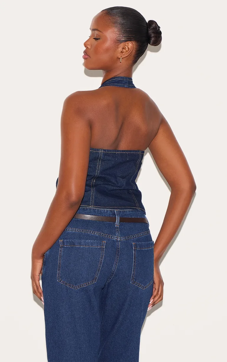 Indigo Halterneck Denim Waistcoat Prettylittlething Navy : Waistcoats :  VogaCloset Oman