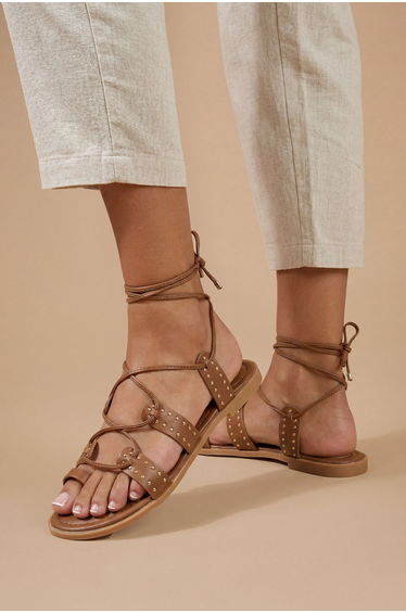 Carla Faux Leather Studded Gillie Wrap Flat Sandals