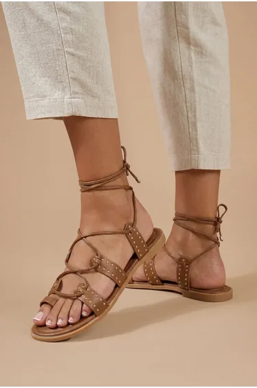 Carla Faux Leather Studded Gillie Wrap Flat Sandals