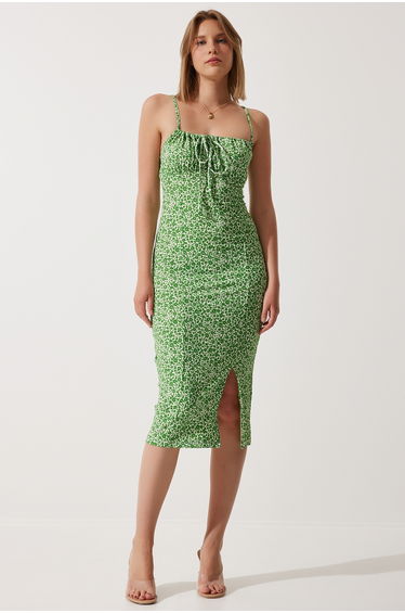 Women's White Green Floral Slit Summer Knitted Dress