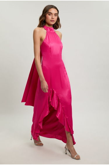 Ruffle Detail Satin Viscose Halterneck Maxi Dress