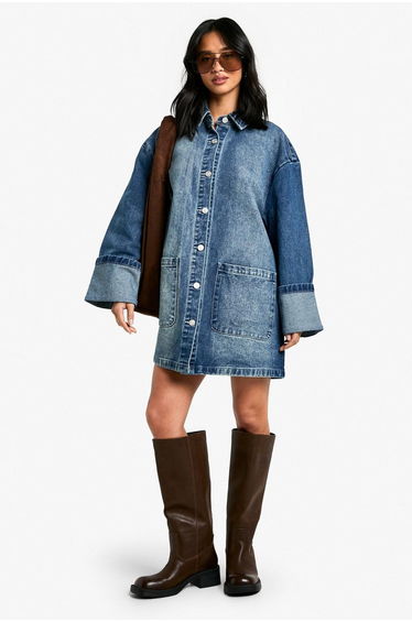 Petite Utility Turn Cuff Denim Oversized Shirt Dress - blue