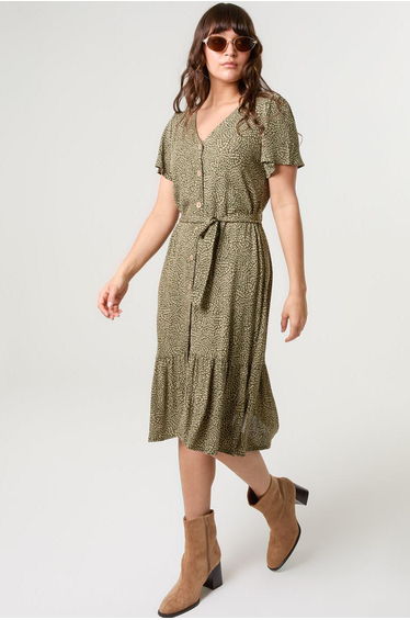Coconut Button V Neck Tie Waist Midi Dress