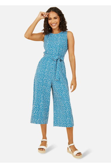 Yumi Teal Ditsy Daisy Sleeveless Culotte Jumpsuit