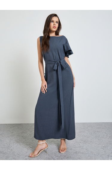 Grey Boat Neck A-Line Maxi Dress with Tie-Belt