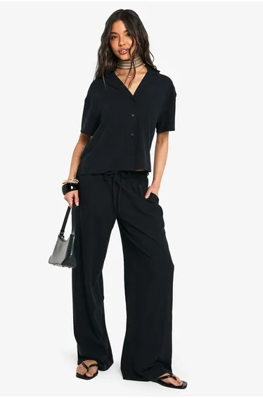 Premium Linen Wide Leg Trousers - black