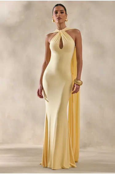 Rhoda | Lemon Twist Halter-Neck Cape Maxi Dress