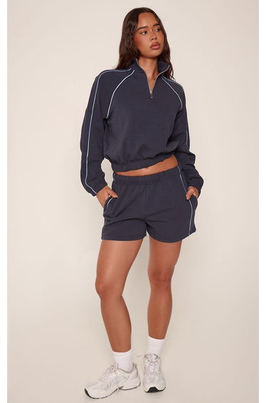 Navy Piping Detail Interlock Sweat Shorts