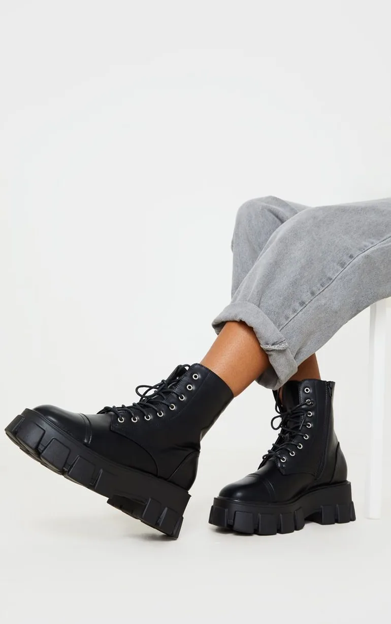 Black Lace Up Extreme Chunky Hiker Boot - 1