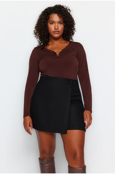 Sandy Brown V-Neck Knitted Blouse