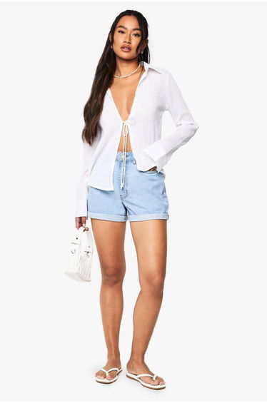High Waisted Roll Hem Denim Shorts - light wash