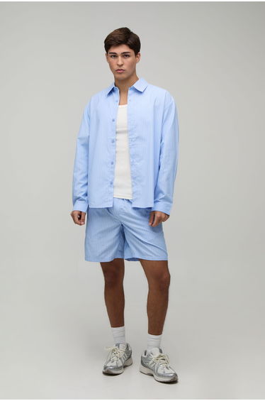 Stripe Poplin Curved Hem Oversized Shirt & Baggy Short Set - blue