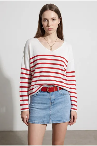 DILVIN Striped V-neck Ribbed Knit Sweater
