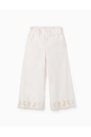 Wide leg cotton trousers with embroidered flowers for girls white