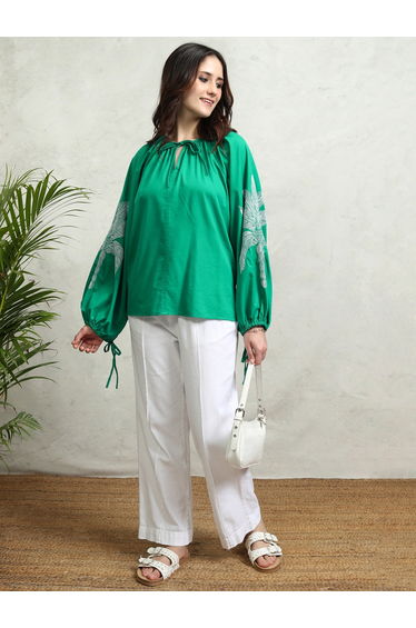 Floral Print Balloon Sleeve Top with Tie-Up Neck
