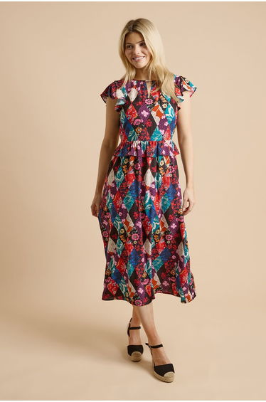 Patchwork Floral Keyhole Flutter Sleeve Midi Dress
