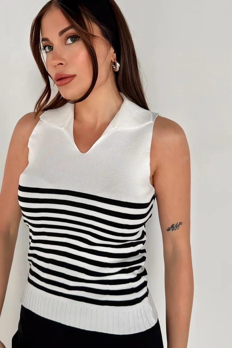Women's Polo Neck Sleeveless White Striped Knitwear