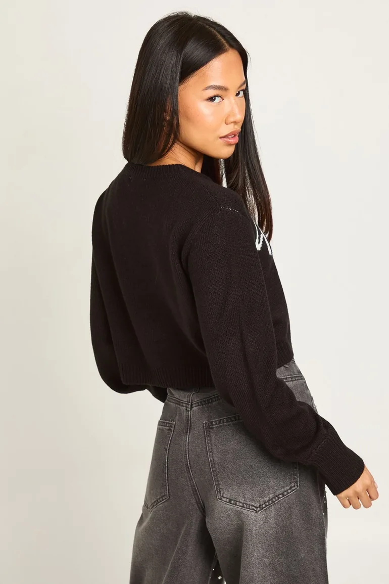 Petite Merry Slogan Cropped Christmas Jumper - black - 1