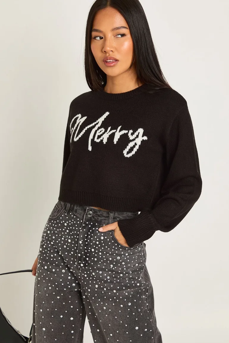 Petite Merry Slogan Cropped Christmas Jumper - black - 2