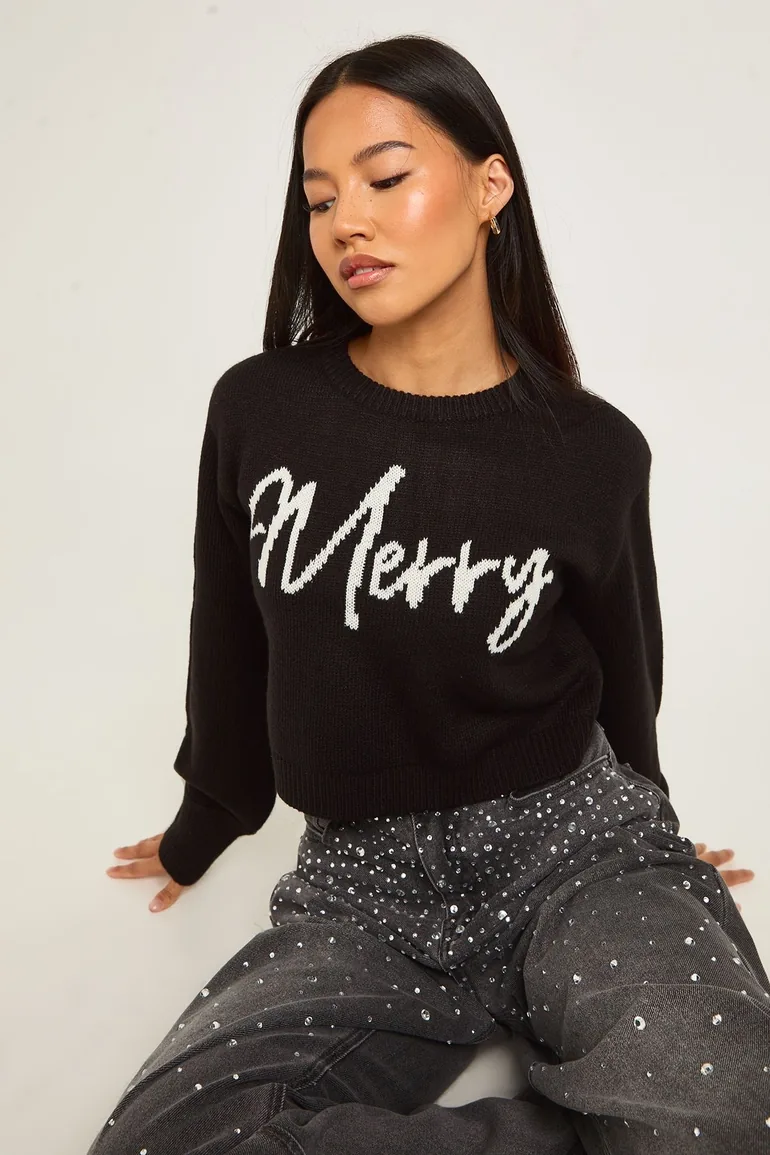 Petite Merry Slogan Cropped Christmas Jumper - black
