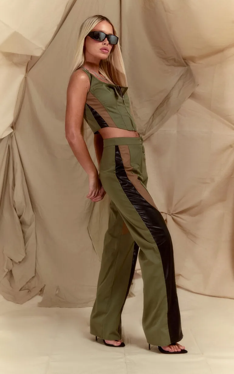 Khaki Twill Contrast Panel Straight Leg Trousers - 1