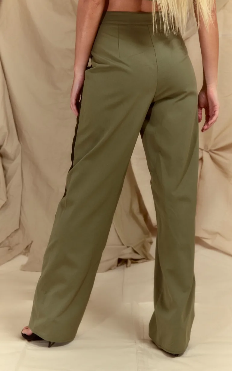 Khaki Twill Contrast Panel Straight Leg Trousers - 2